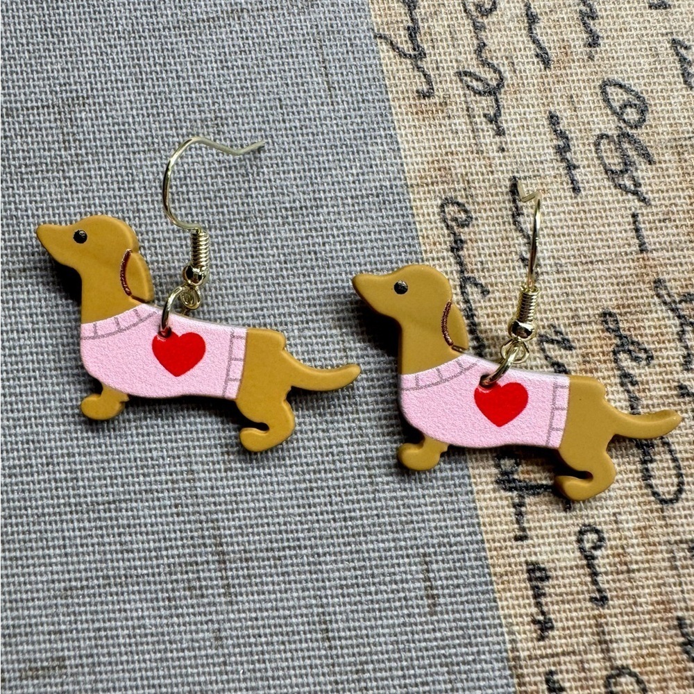 New Dachshund Weenie Dog w/ Pink Shirt & Heart Matte Acrylic Earrings - 1.5”